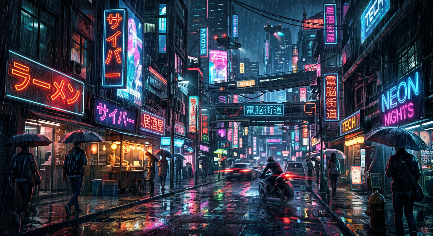 AI-generated cyberpunk city street at night
