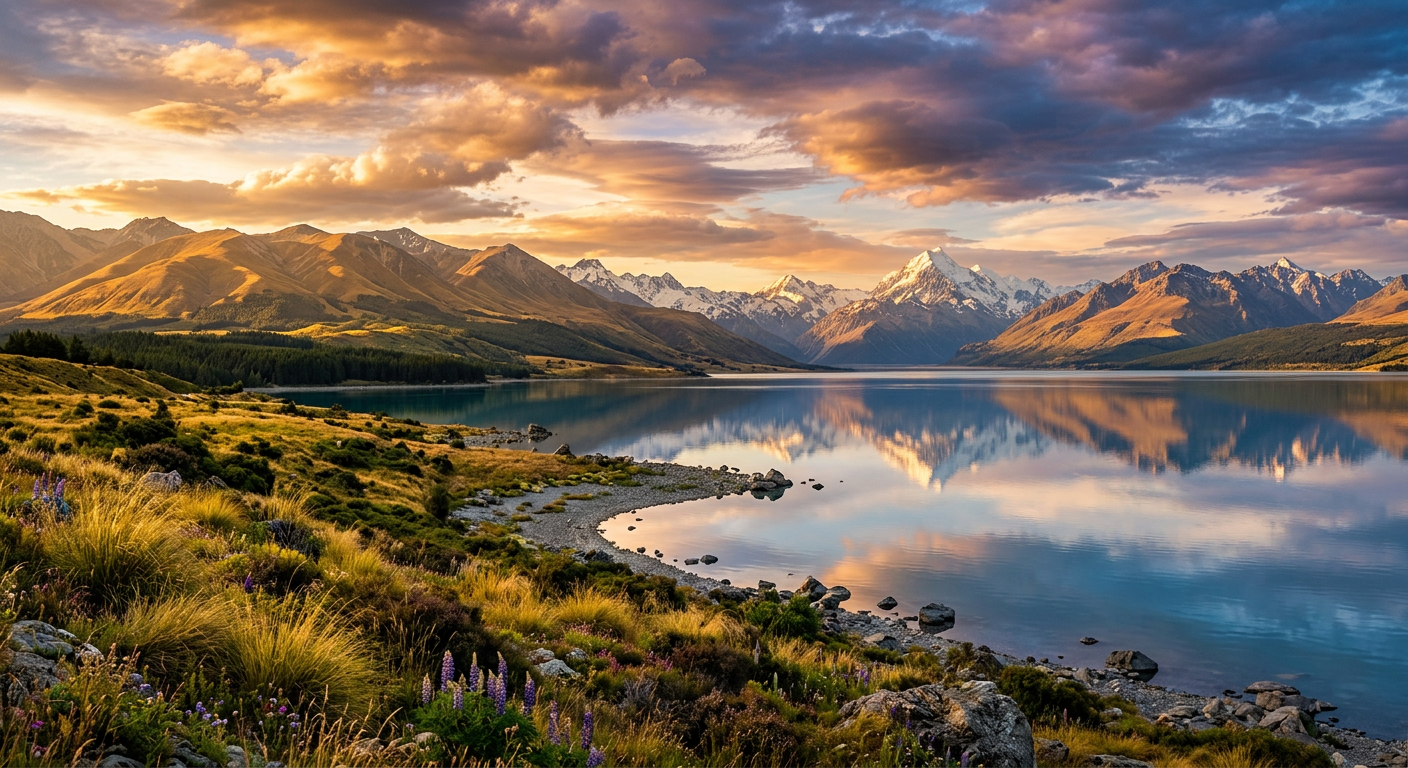 AI-generated mountain landscape at golden hour